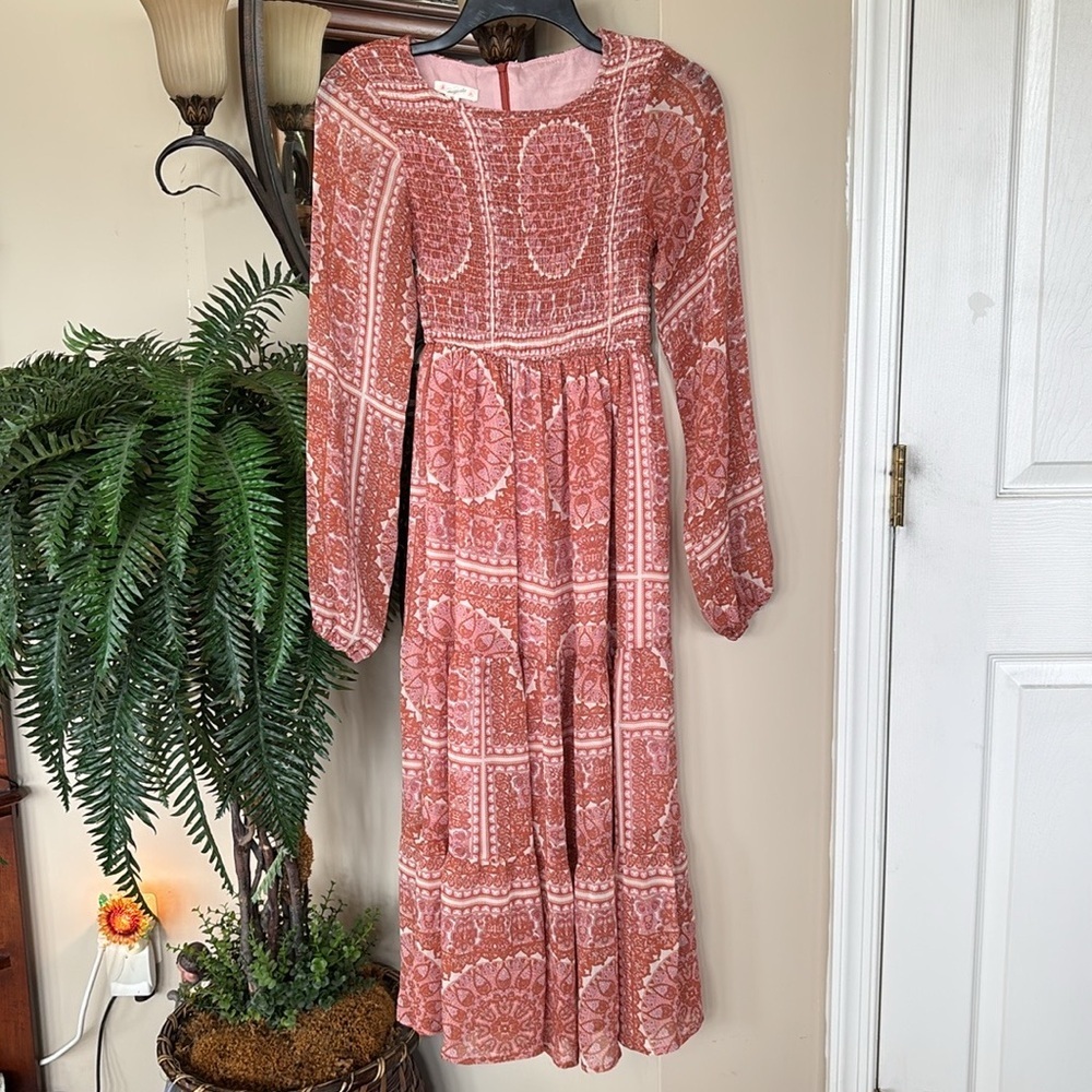 Magnolia Boutique Primrose Shirred Rust Paisley Crinkle Long Sleeve Maxi Dress